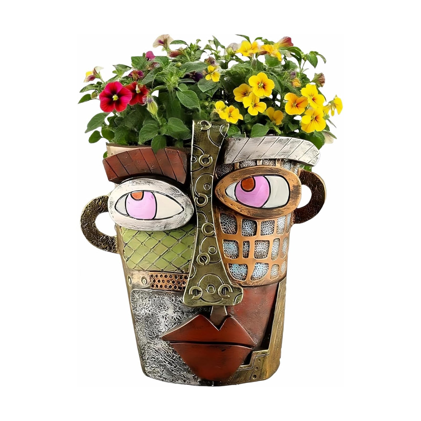 Picasso Abstract Face Flower Pot,Unique Resin Crafted Planter with Drainage Holes,Interesting Colorful Planter with