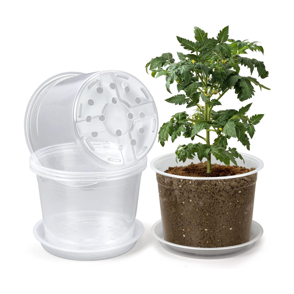 OUPSAUI 8 Inch Clear Nursery Pots with Drainage and Saucer, 5 Pack Large Plastic Pots for Plant, Seedling Starter Pot, Garden Pots for Succulents Flower Vegetables Herb