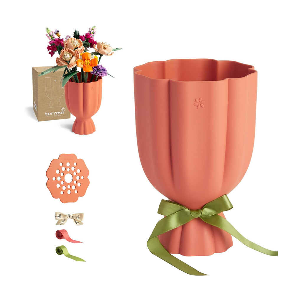 Bouquet Vase for Lego & Fresh Flowers - Flower Arrangement Vase with Grid & Ribbons, Impact Resistant, BPA-Free ABS Plastic, Home Decor Gift for Lego & Flower Lovers (Terracotta Orange)