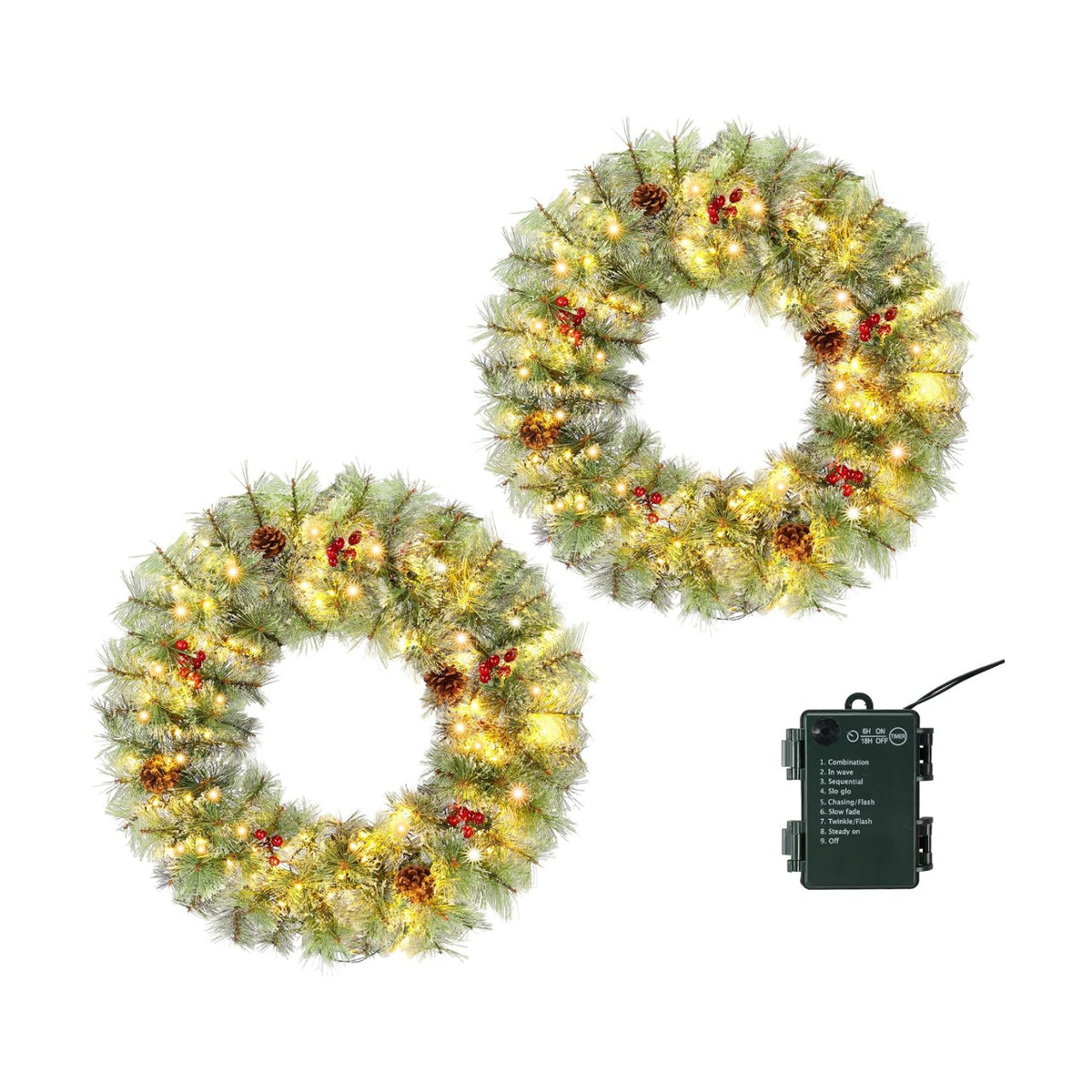 VINGLI 24" Small Christmas Wreath 2 Pack with 100 LED Battery Lights