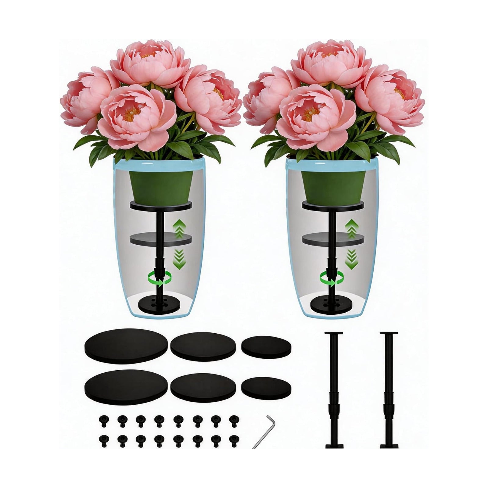 2 Pack Adjustable Height Plant Risers,Adjustable height 12–21 inches | Wooden & Metal Pot Fillers for Large Tall Round
