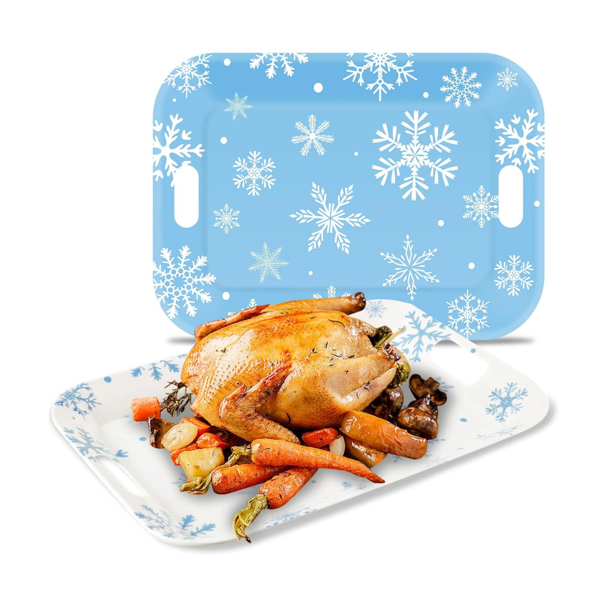 2Pcs Winter Serving Trays 16×11 inch Large Melamine Snowflake Trays Platters with Handles Rectangular Snowflake Tray Set Blue White Rectangular Serving Dishes for Winter Birthday Party Decorations