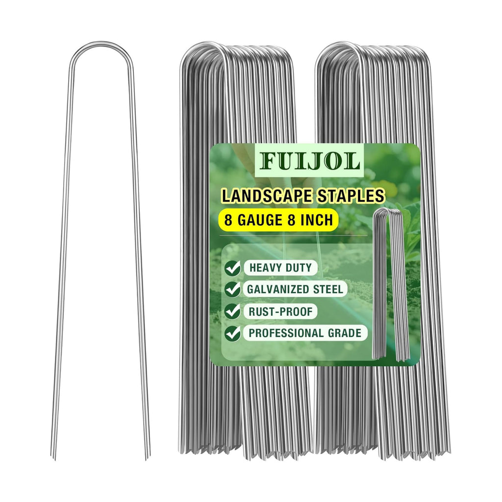 8 Gauge Landscape Staples, FUIJOL 8 Inch Heavy Duty U-Shaped Landscape Stakes, 50 Pack Galvanized Garden Staples for