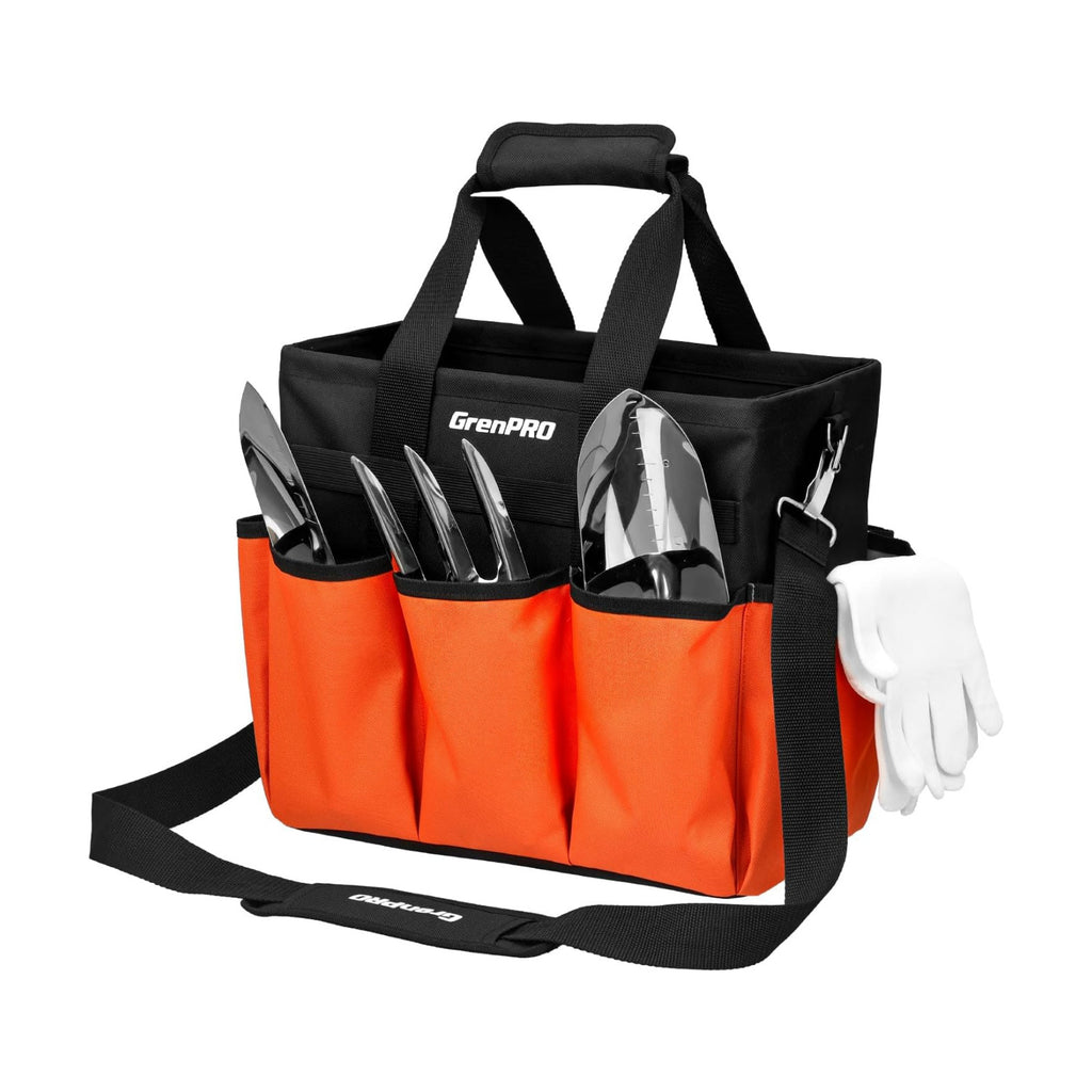 GRENPRO Garden Tool Bag, 10 Pockets, Adjustable Shoulder Strap, Orange | Heavy-duty gardening organizer tote stands