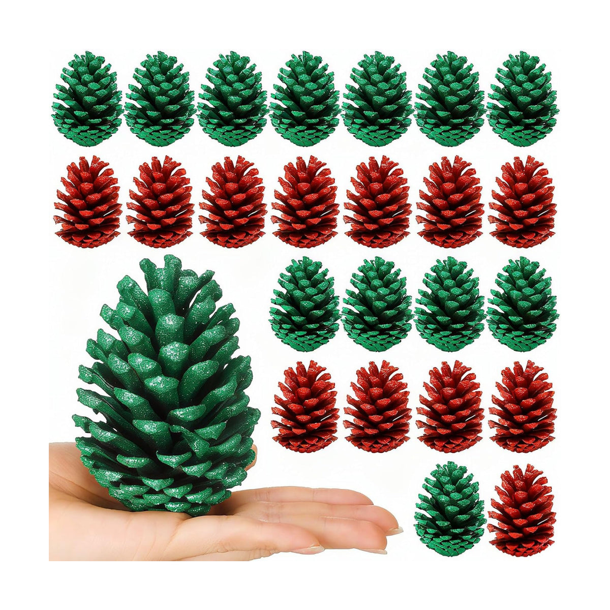 Janinka 24 Pcs 4 Inch Green Red Christmas Glitter Pine Cones Ornaments