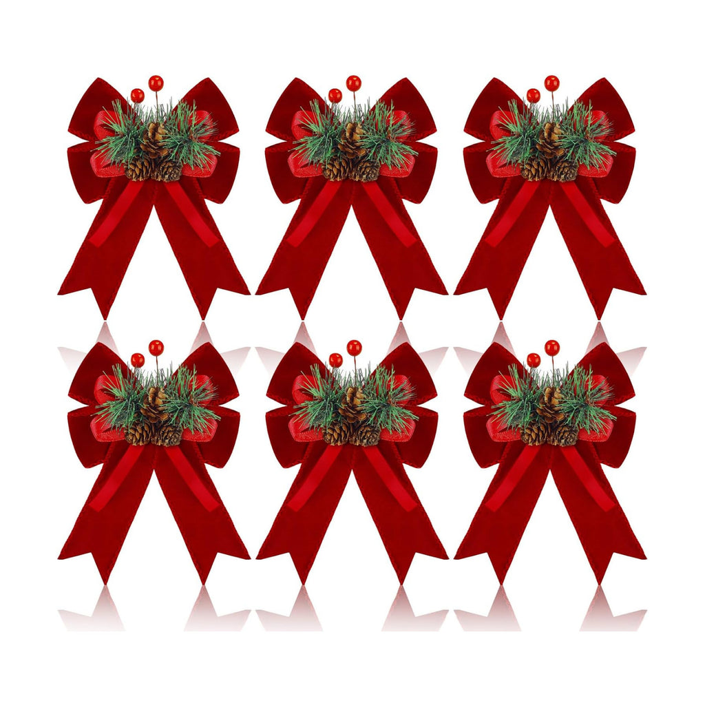 Syhood 6 Pcs Christmas Bows Xmas Velvet Bows Tree Decor, Burgundy Red