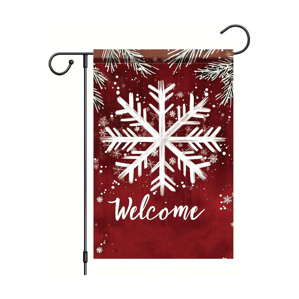 Winter Garden Flag White Snowflake Red Background Welcome Flag 12x18 Inch Double Sided Outdoor Yard Banner for Snowy Season Holiday Christmas Porch Decoration Decor