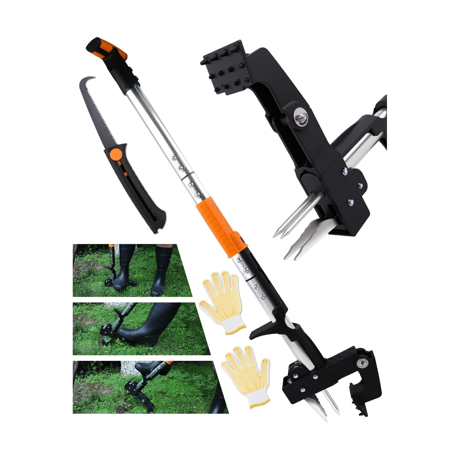 Stand Up Weed Puller Tool with Telescopic Hand Saw - 3-in-1 Long Handle Weed Remover Kit for Weeding, Pruning &