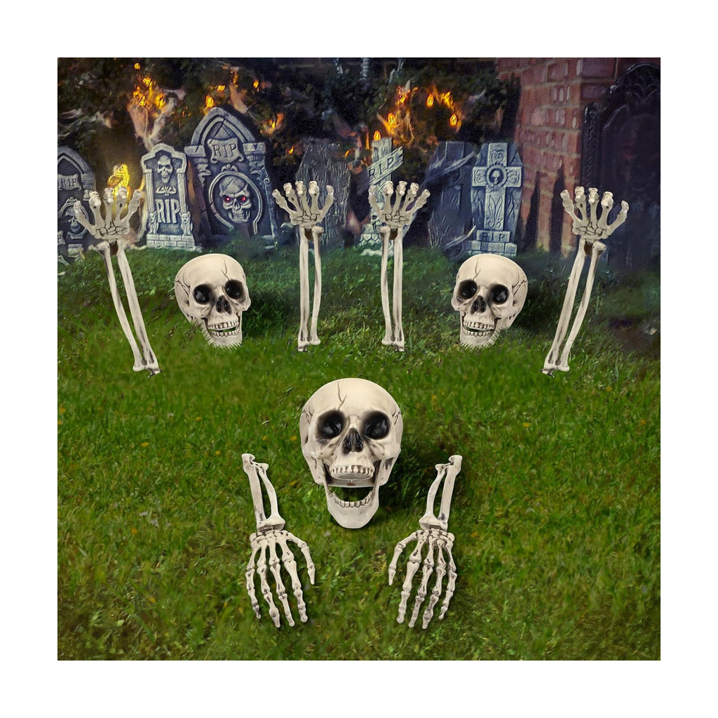 Chunful 9 Pcs Halloween Skeleton Stakes Decoration, Skull Head Arms, White