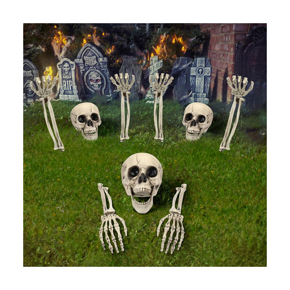 Chunful 9 Pcs Halloween Skeleton Stakes Decoration, Skull Head Arms, White