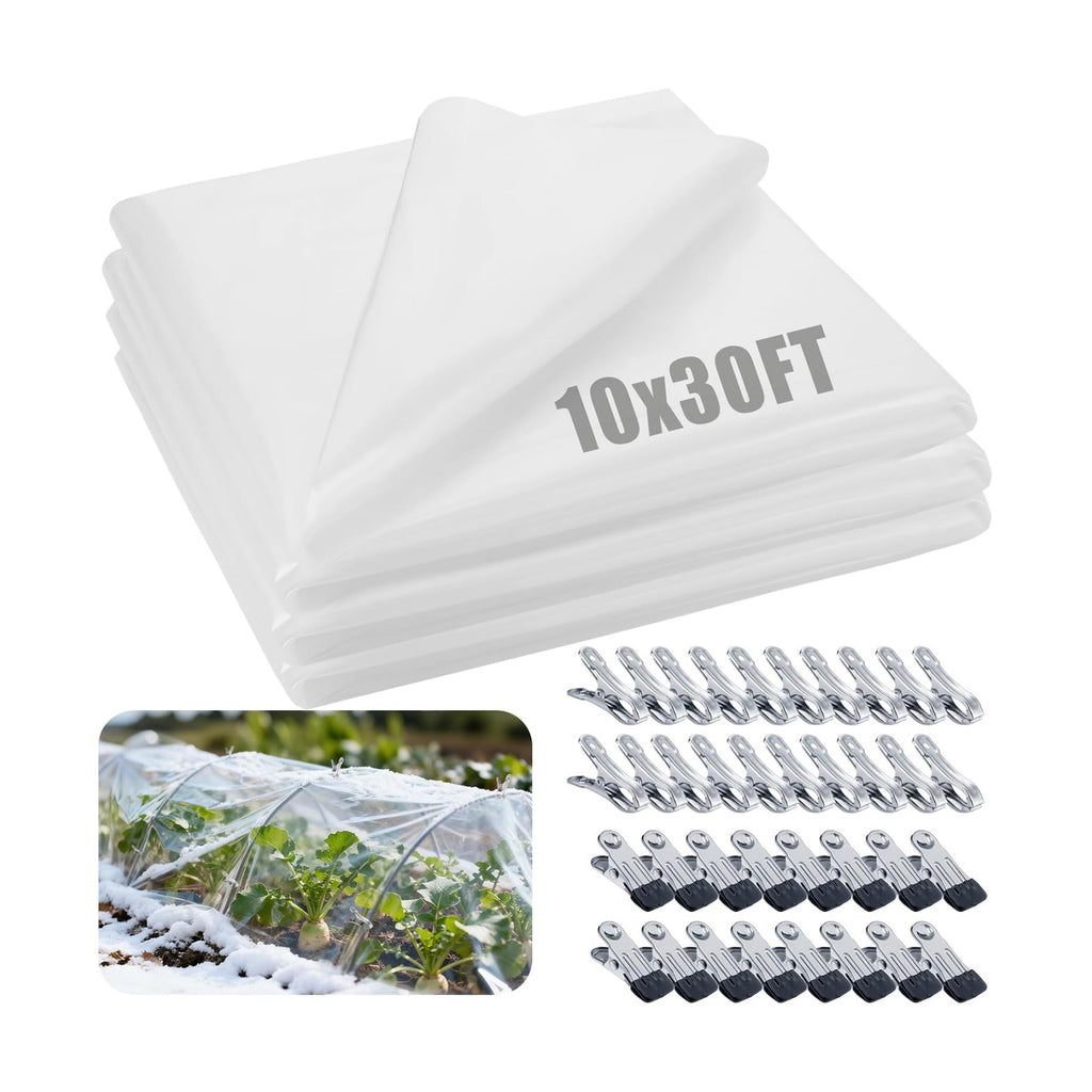 10 x 30ft Plant Covers Freeze Protection with 36 Clips - Greenhouse Plastic Sheeting, Frost Cloth Row Cover for Outdoor