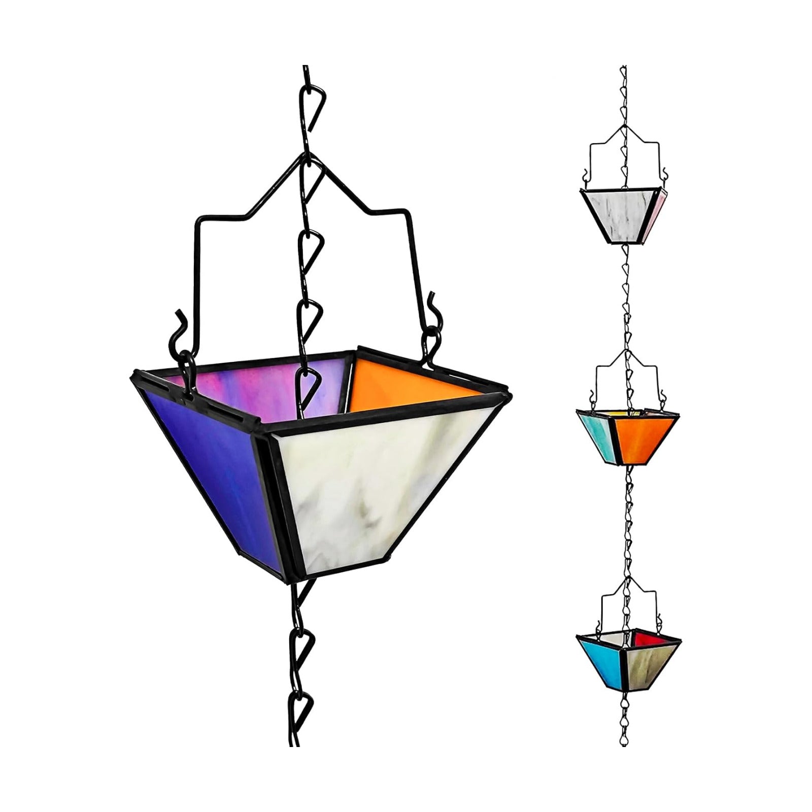 Rain Chain Set 8.5FT,Handmade Metal Inlaid Stained Glass Vintage Style, Rain Chains for Drains to Divert Water & Home