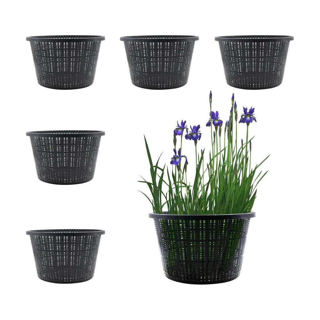 SnowTing 6 PCS 8.3'' Round Hydroponic Baskets, Large Black Plastic Aquatic Plant Mesh Net Pot, Pond Slotted Baskets