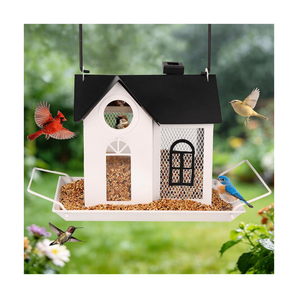 Solar Bird Feeder for Outdoors – White Metal Hanging Bird Feeder with Solar Light, Decorative Bird House Feeder for Cardinals, Finches, and Wild Birds, Weatherproof Backyard Garden Decor