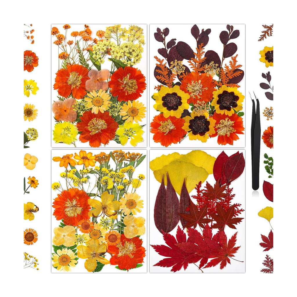 85Pcs Dried Flowers for Crafts, Natural Pressed Flowers for Crafts Real Dried Pressed Flowers Dry Leaves in Orange & Yellow for Resin, DIY Art, Scrapbook, Jewelry, Candle & Soap Making w/ Tweezer