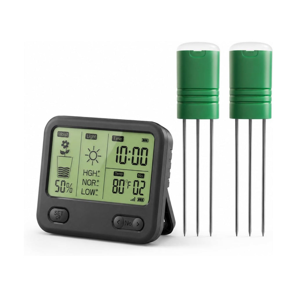 Soil Moisture Meter for Plants, 12-Zone Wireless Plant Water Meter, Soil Thermometer and Light Sensor, 4-in-1 TDR