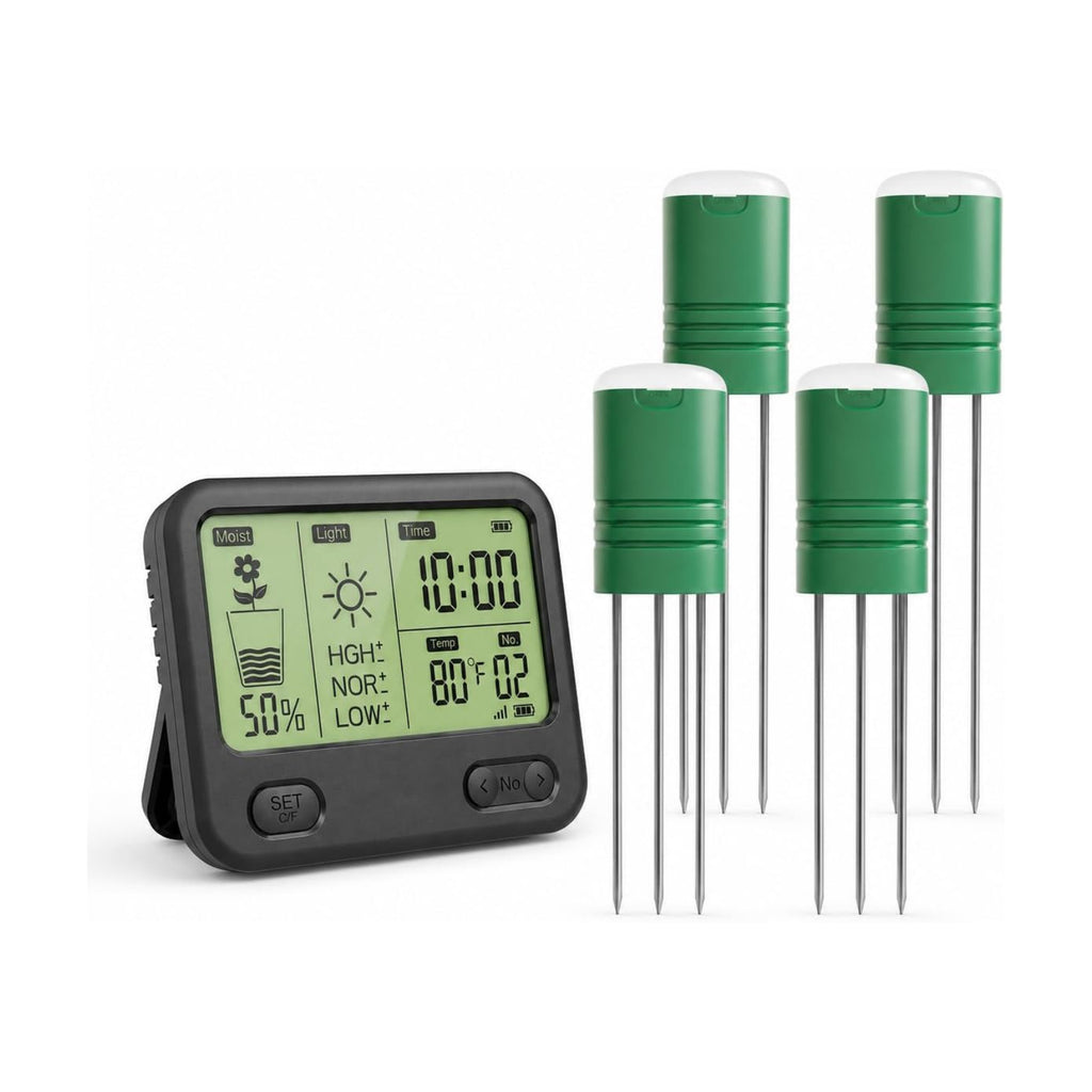 Soil Moisture Meter for Plants, 12-Zone Wireless Plant Water Meter, Soil Thermometer and Light Sensor, 4-in-1 TDR