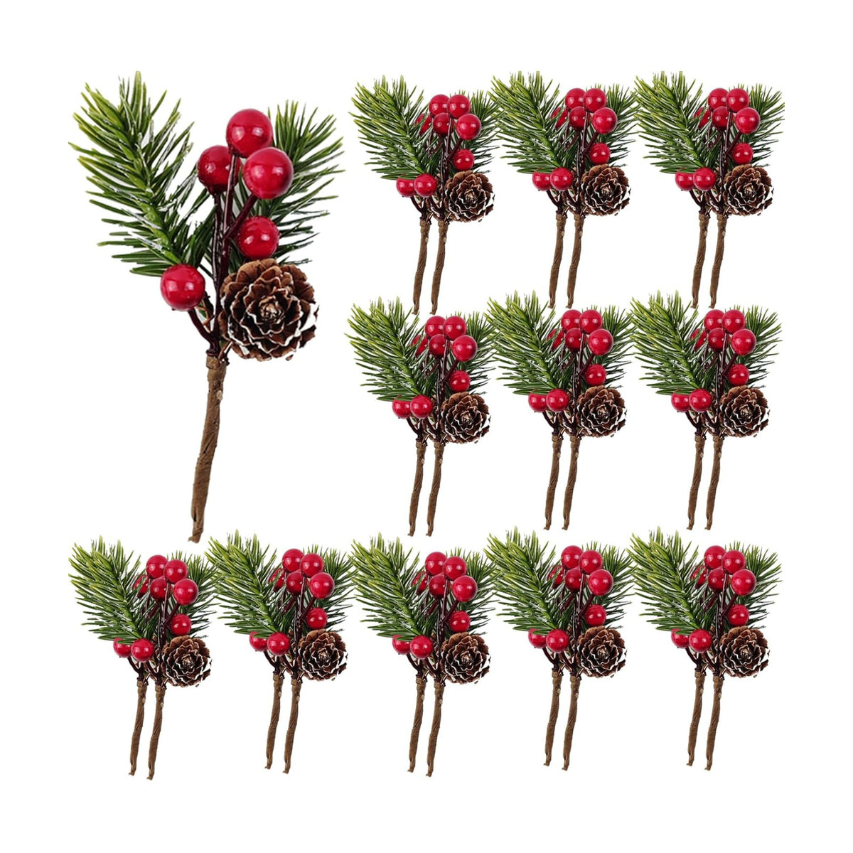 RONYOUNG 20PCS 4.5inch Red Berry Stems Pine Branches Evergreen Berries Décor Artificial Pine Cones Branch for Christmas Craft Wreath Pick & Winter Holiday