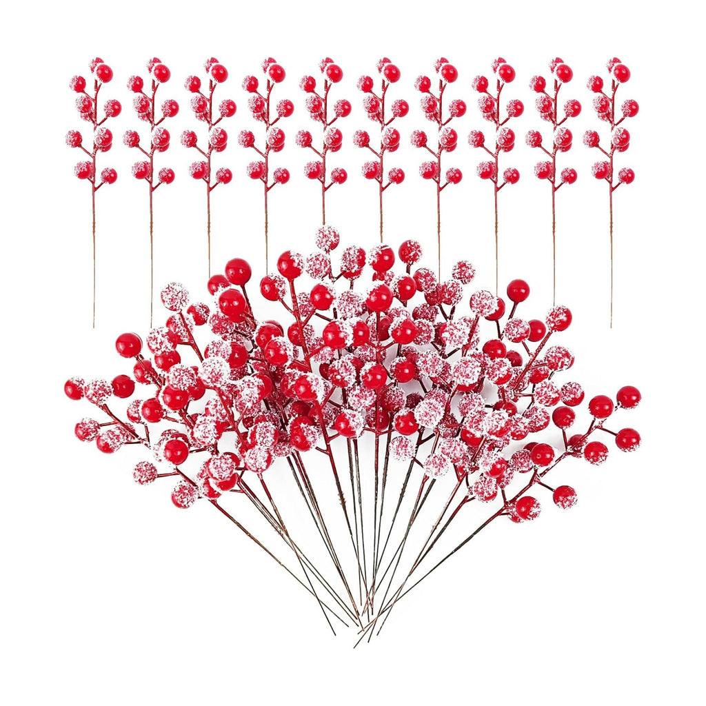 RONYOUNG 32PCS 9" Artificial Holly Berry Stems Christmas Berry Picks Sprays Snowy Fake Red Berries for Christmas Tree Branches Fillers Ornaments Valentine DIY Crafts Wedding Home Party Winter Decor