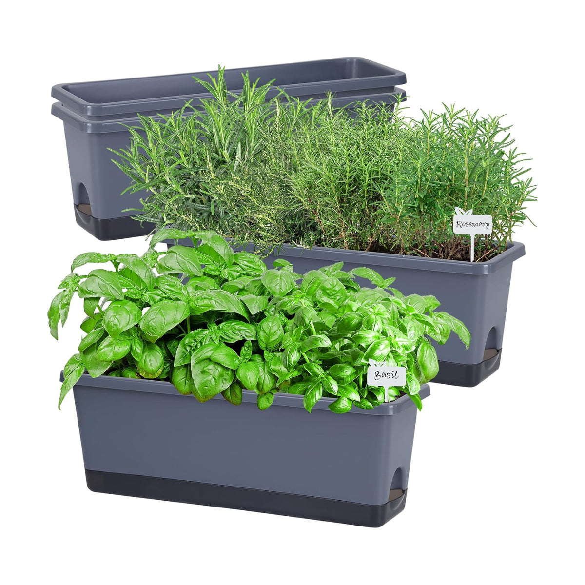Window Box Planter 4 Packs, 17 Inches Rectangle Flower Pots with Drainage Holes & Trays, Pots for Vegetables, Herbs, Flowers, Garden Windowsill Balcony (Grey, 17 * 5.1 * 6 inch)