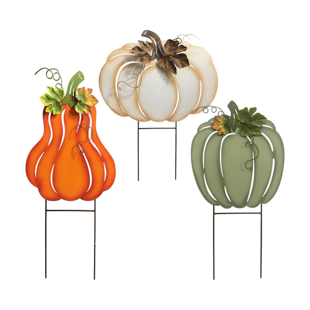 Fall Harvest Metal Pumpkin Garden Stakes, Set of 3, Orange White Green, Autumn Yard Decor