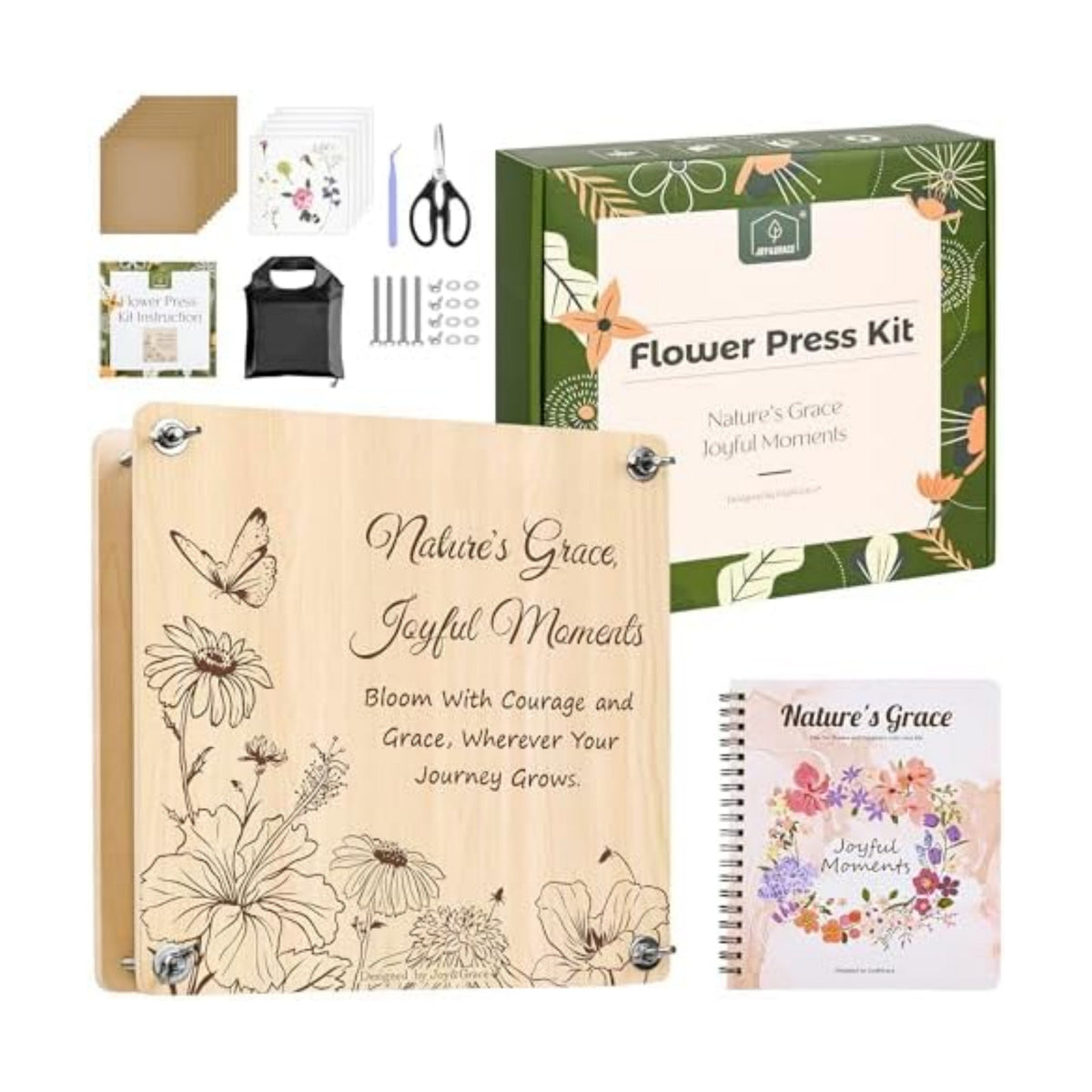 Joy&Grace Large Flower Press Kit for Adults with Designed Cover and DIY Album,10 Layers Plant Press and Plant Drying Toolkit, Flower Preservation Kit, 10.9" x 10.9" (Color Box, Natural Wood)