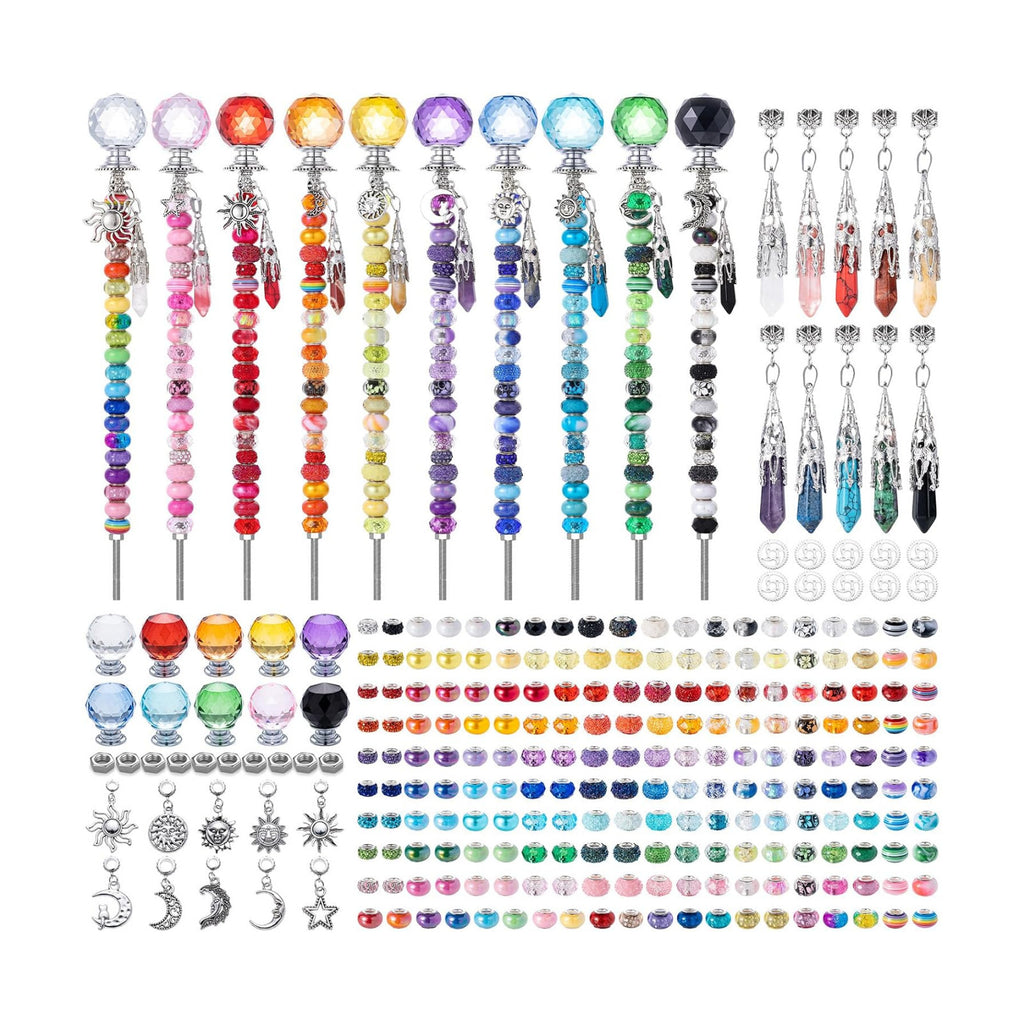 260Pcs DIY Beaded Garden Stakes, Fairy Wand 10-Pack Decorative Kit | Healing Crystal Pendant, 12in Threaded Rods
