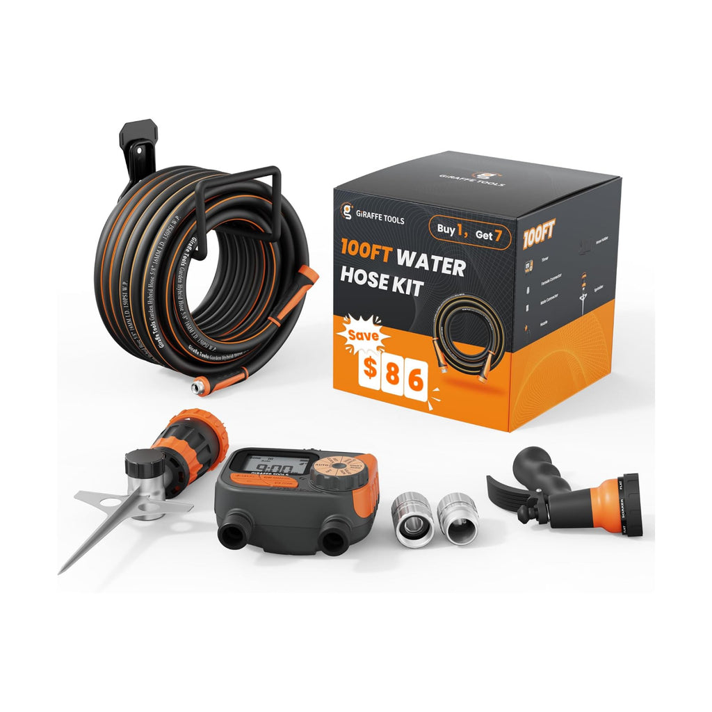 Giraffe Tools Garden Hose 5/8", 100ft Garden Hose Set | Water Hose Heavy Duty, Flexible, Lightweight Hybrid Hose with