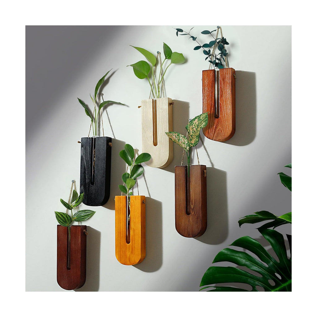 6 Pack Wooden Wall Planters for Indoor Plants Hanging Propagation Station | Wood Pocket Vases Wall Decor for Living