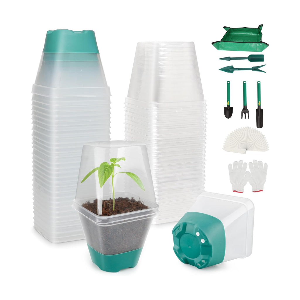 Sankoly 30 Packs Clear Nursery Pots with Plant Repotting Mat, Gloves, Labels,Humidity Domes,Seedling Tools, 3 Inch