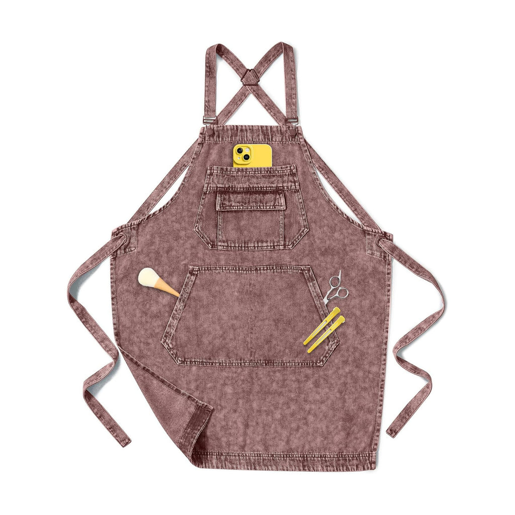 Denim Apron with Pockets for Hair Stylist Gardening Craftsmen Barista Women Hairdresser Jean Work Apron Cross Straps