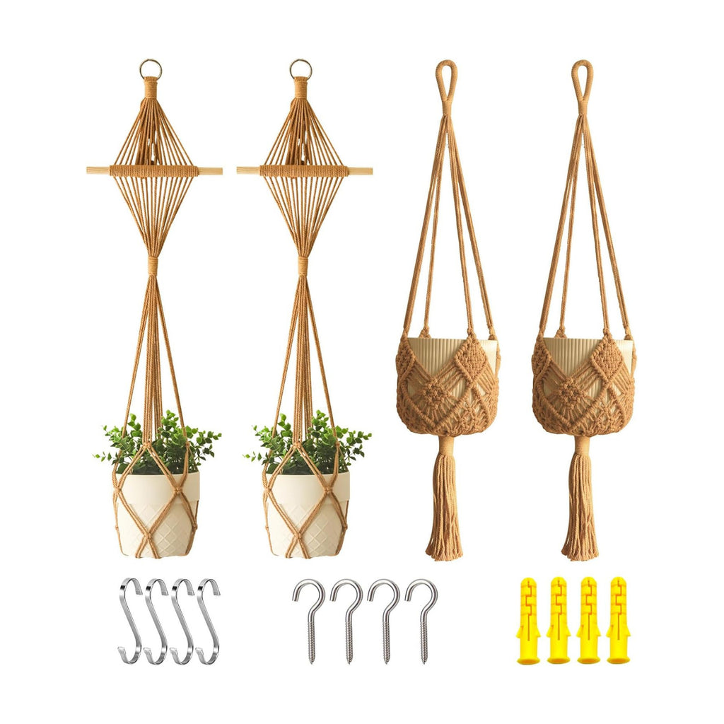 4 Pack Macrame Plant Hangers Indoor Up to 10 inch Pot, Boho Hanging Planters, Plant Holder with 8Pcs Stainless Steel
