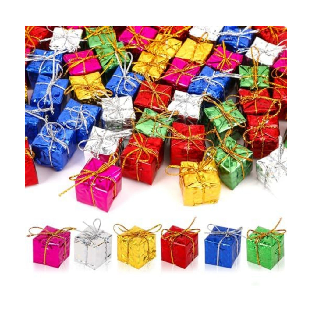 JUNEBRUSHS 120 Pcs Christmas Mini Boxes, Mini Foam Presents Small Shiny Gift Box Hanging Ornaments for Christmas Tree Home Decor Xmas Crafts