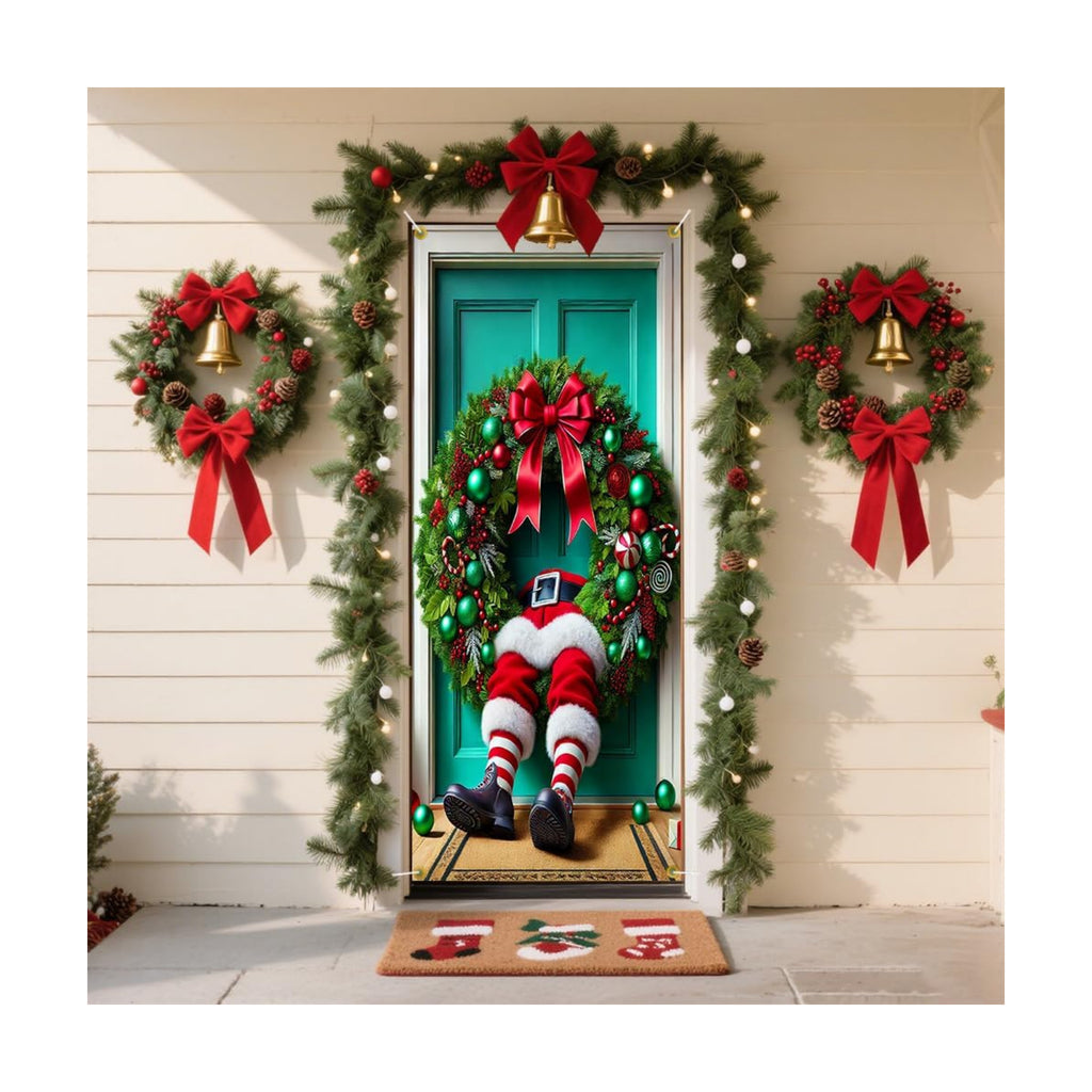 Funny Stuck Santa Legs Christmas Pine Ring Door Cover 35x71in