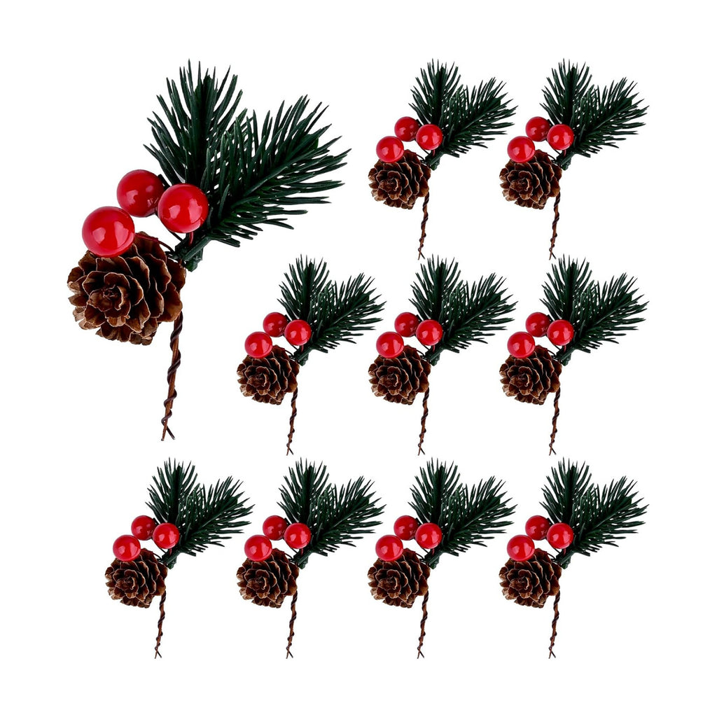 10 PCS Christmas Snow Covered Pine Needles Branches with Red Berries, Christmas Floral Pick Mini Pinecone Picks for Holiday Wreath,Tree Ornaments