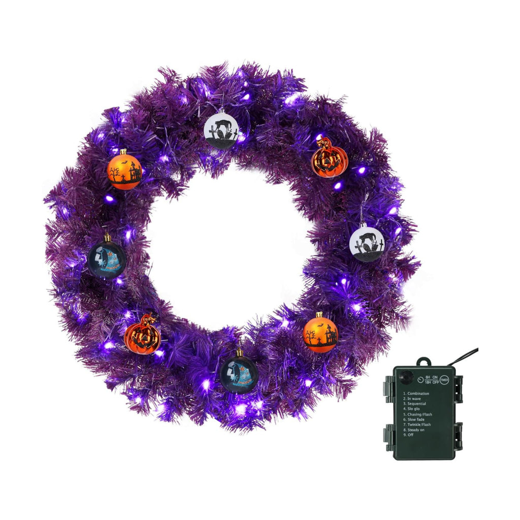 VINGLI 24" Purple Christmas Wreath with Battery LED Lights, Colorful Decor