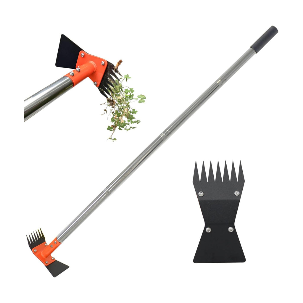 2-in-1 Garden Hoe and Weed Puller Rake 60 Inch Spring Steel Head | Adjustable Long Handle Weeding Tool Heavy Duty Sand