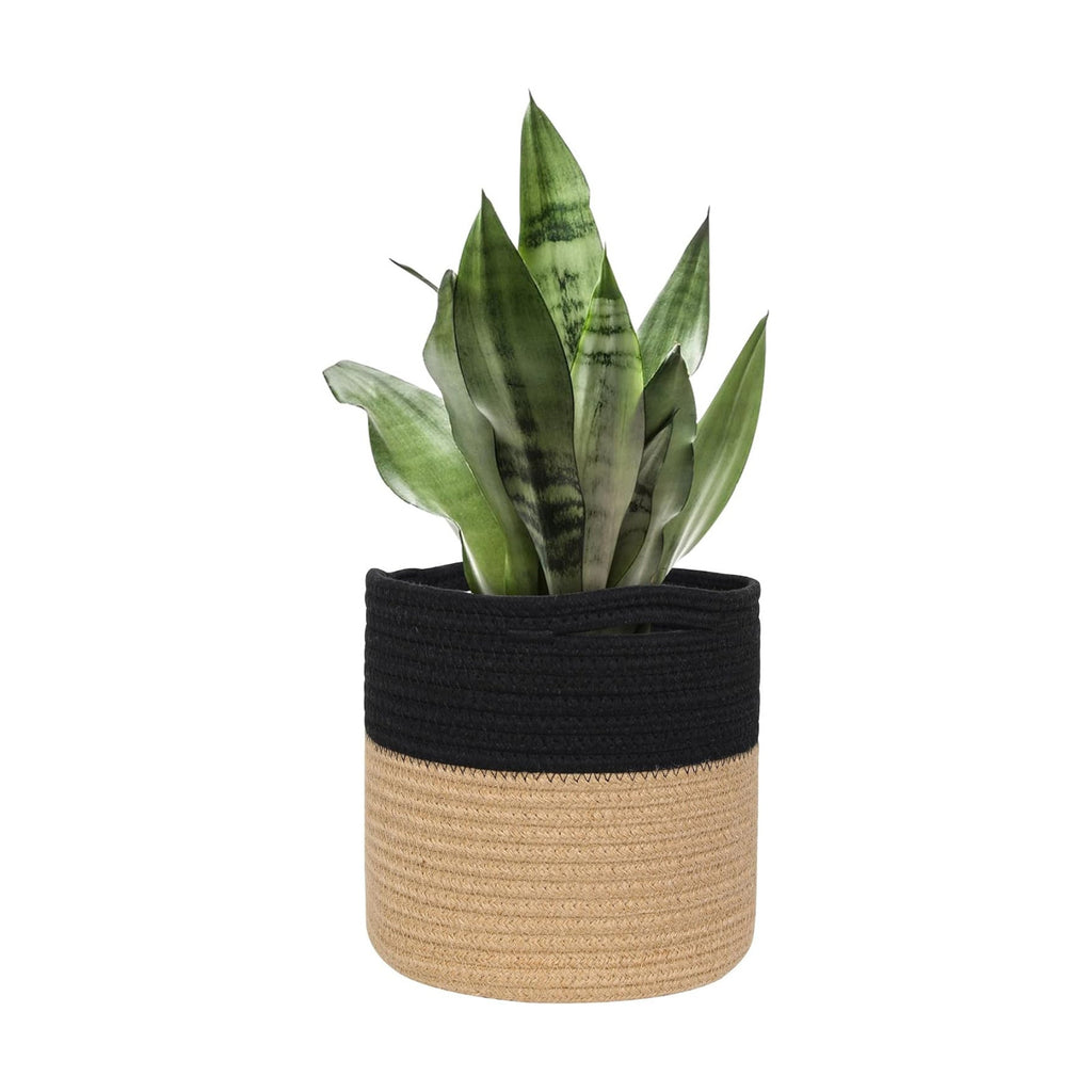 MEGASKET Wicker Plant Basket Indoor, 8"x8"x8" Jute Spliced Cotton Rope Basket Planter up to 7" Pot, Modern Woven Flower Tree Pots Cover, Small Floor Indoor Planters, Home Decor Storage Bin