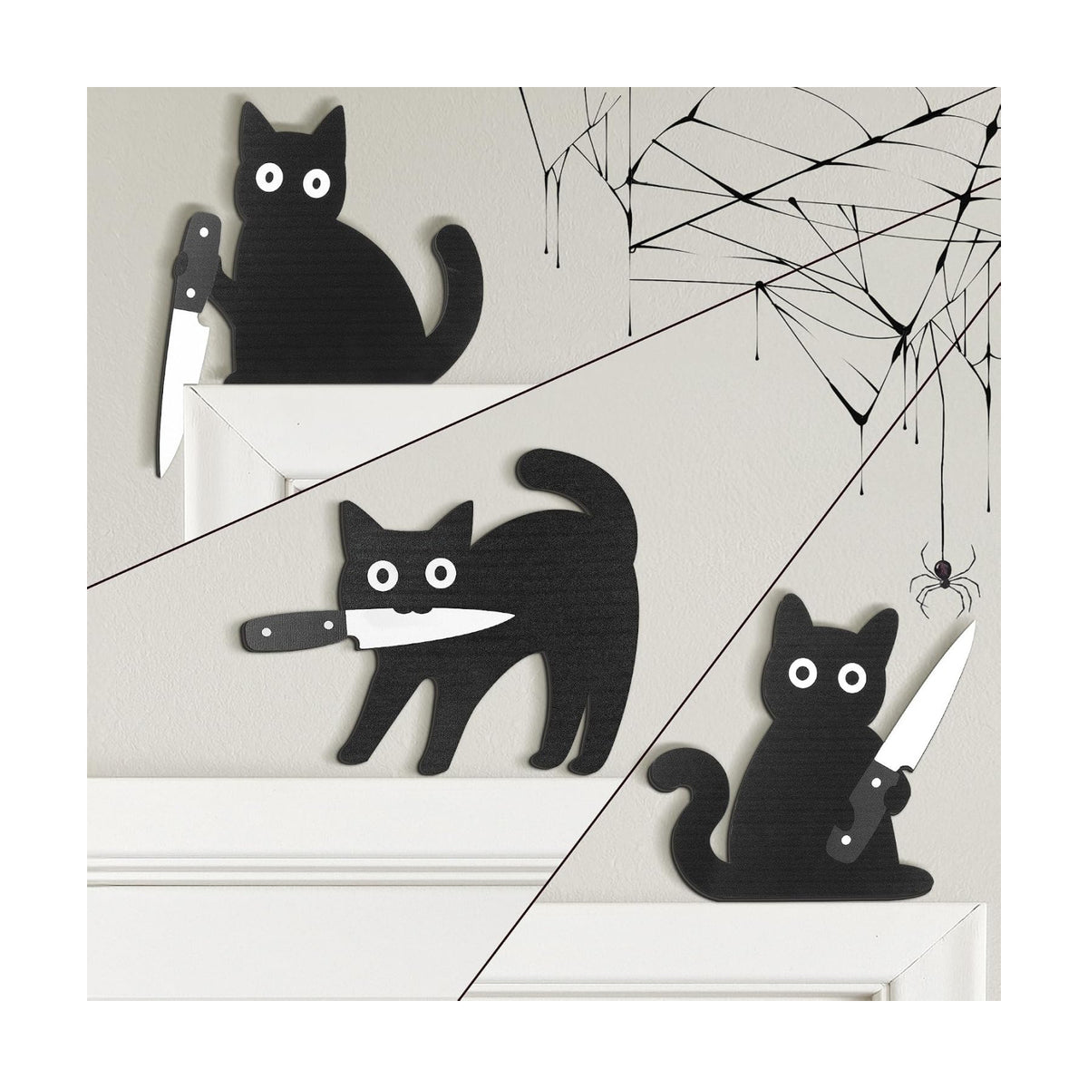 Dripykiaa Funny Black Cat Halloween Wall Decor Set, 3 Pcs Wooden Cats