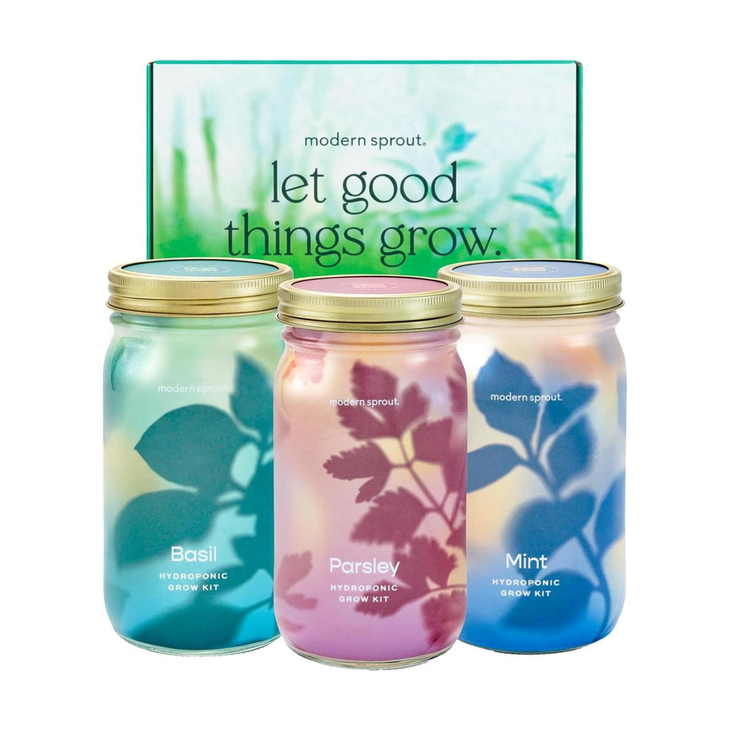 Modern Sprout Garden Jar Gift Pack - Hydroponic Kit - Basil, Parsley & Mint | Self-watering growing system w/organic