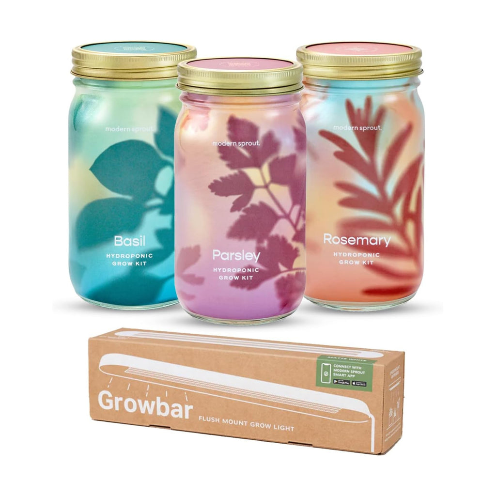 Modern Sprout Garden Jars + Smart Growbar Bundle- Basil, Rosemary & Parsley | Self-Watering Hydroponic Herb Growing Kit