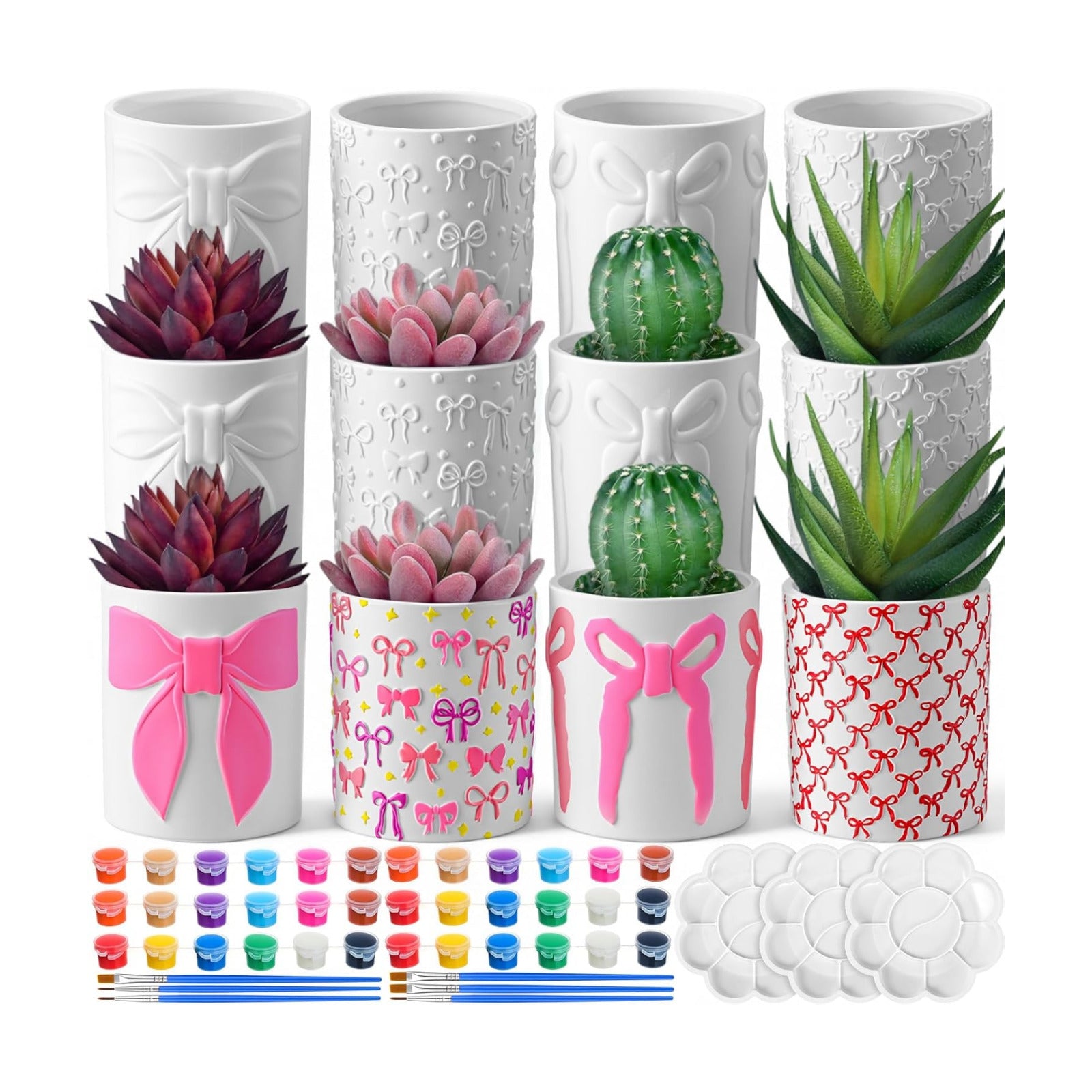 Zubebe 12 Pcs Paint Your Own Flower Ceramic Pots with Drainage Hole, 4 Style Pink Bow Unfinished Succulent Pots