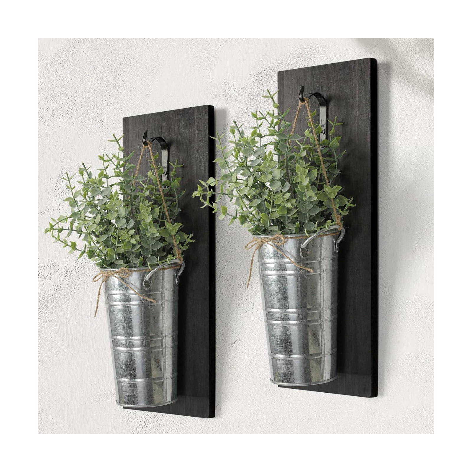 SHOHAYTO Farmhouse Wall Decor Set of 2 - Wood Hanging Planters with Artificial Eucalyptus, Rustic Vertical Pocket Vases