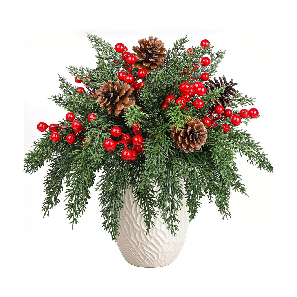 80pcs Artificial Christmas Pine Branches with Red Berry Stem Pine Cone Stem Norfolk Pine Stem Christmas Greenery Floral Pick for Christmas Tree Wreath Garland DIY Crafts Xmas Home Decoration