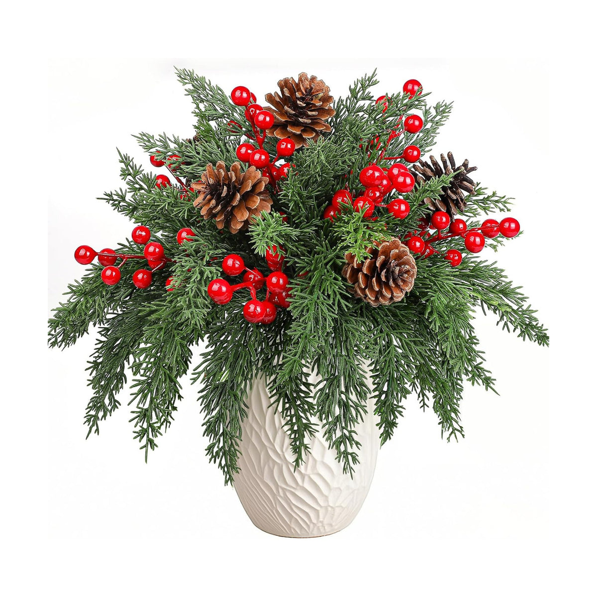 80pcs Artificial Christmas Pine Branches with Red Berry Stem Pine Cone Stem Norfolk Pine Stem Christmas Greenery Floral Pick for Christmas Tree Wreath Garland DIY Crafts Xmas Home Decoration