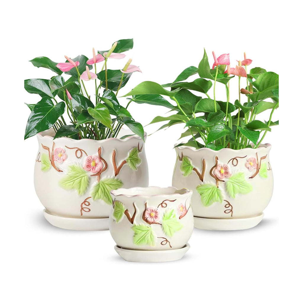 3 Piece Ceramic Plant Pots with Drainage Hole and Saucer,6.7/5.1/3.9inch,Modern Decorative Planters for Indoor