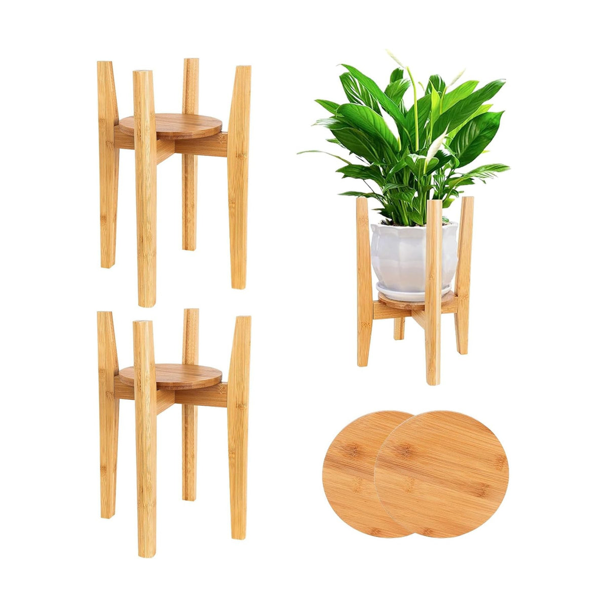 2 Packs Adjustable Plant Stand with Tray,Indoor Wood Plant Stand Fit 8'' to 12'' Planter,Mid Century Modern Flower Pot Holder Rack(Plant and Pot Not Included) Natural