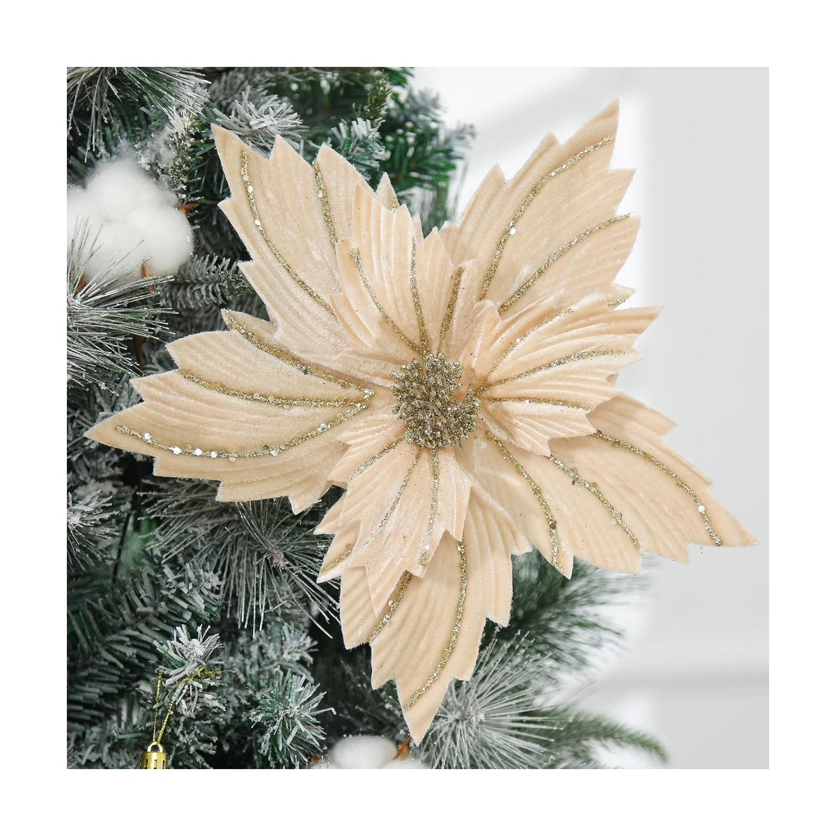 6 Pcs 12" Large Glitter Poinsettia Artificial Christmas Flowers with Stems Xmas Tree Wreath Ornaments New Year Home Wedding Party Decor (Champagne)