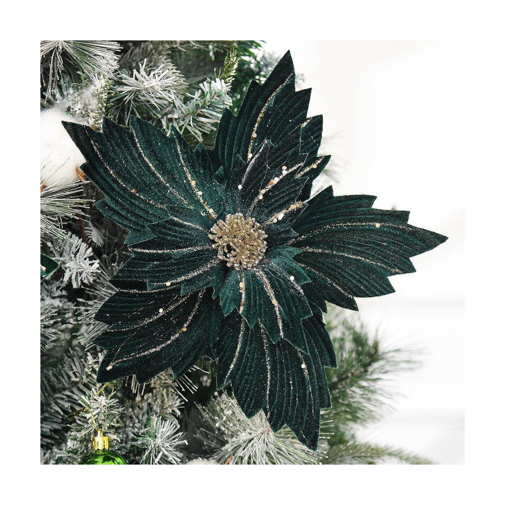 6 Pcs 12" Large Glitter Poinsettia Artificial Christmas Flowers with Stems Xmas Tree Wreath Ornaments New Year Home Wedding Party Decor (Dark Green)