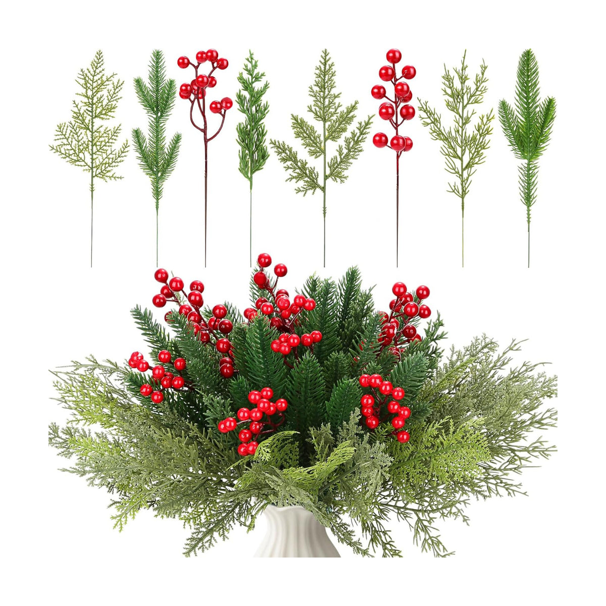 70 PCS Artificial Pine Branches with Berries, Christmas Greenery Fake Pine Needle Faux Red Berry Stems, Christmas Floral Picks for DIY Crafts Wreath Garland Home Décor